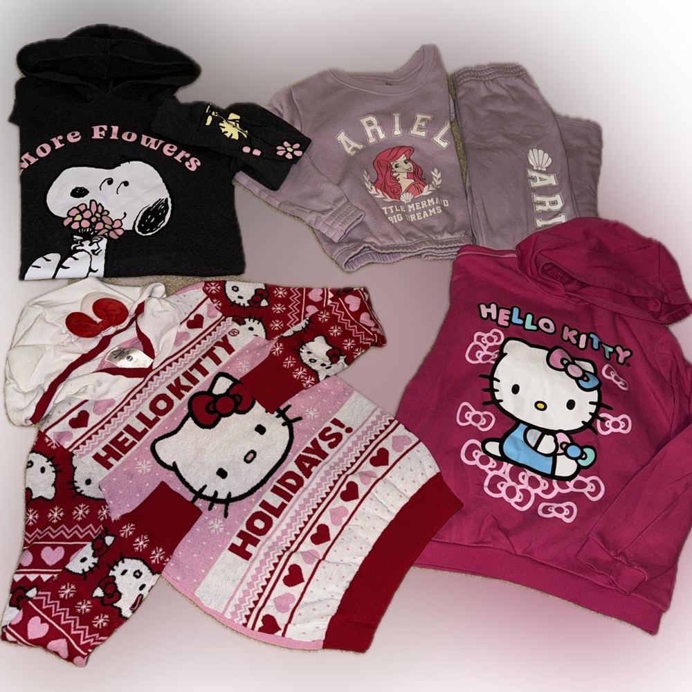 Girls size large hello kitty, Ariel, snoopy sweater, hoodie set